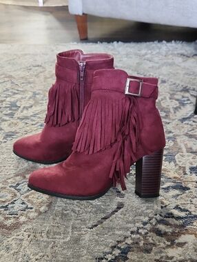 Venus Fringe Faux Suede Ankle Boots - Wine